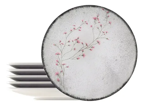 Kit Prato Raso Tramontina Floralis Porcelana 06 Peças Branco Estampado