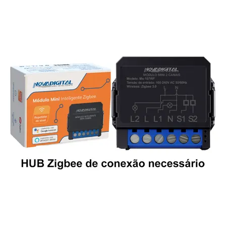 Interruptor relé inteligente zigbee novadigital 2 canais mini smart swtich compatível tuya smart life alexa google 110v 220v ms-107zb preto