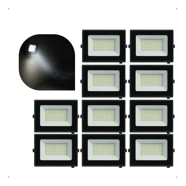 Kit 10 Refletores Led Grm Eco Pro 100w Com Luz Branco-frio 127/220v Preto