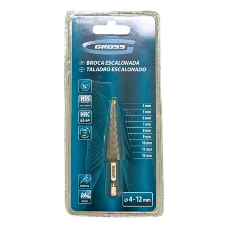 Broca Escalonada Aço HSS 4 a 12 mm Metal Alumínio Gross