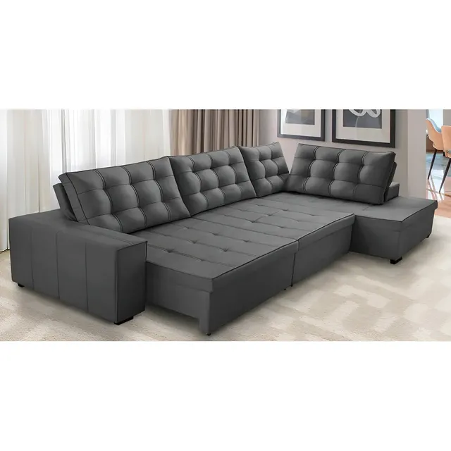 Sofá De Canto Retrátil E Reclinável Com Molas 3,40x2,00 Jacke Suede Cinza Adonai Estofados Camurça