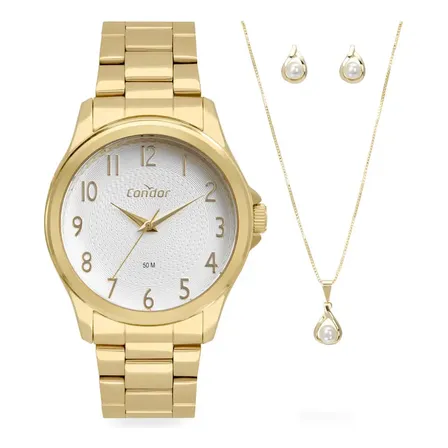 Kit X3 Relógio Feminino Dia A Dia Dourado Fundo Prata Condor
