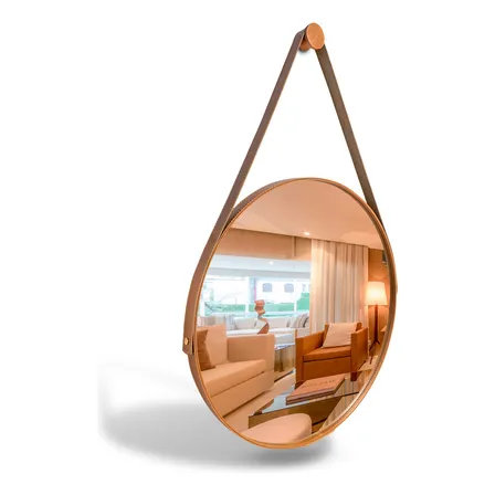 Espelho Adnet Redondo Pequeno 40cm Com Alça Em Couro Ecológico Caramelo Eddias Sala Quarto Banheiro Hall Decoração Suporte Parede Pino