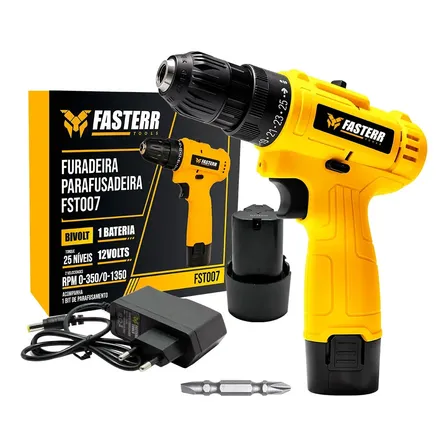 Parafusadeira Furadeira 3/8 10mm Bivolt A Bateria Com Carregador - Fasterr Tools Amarelo 12v 60hz