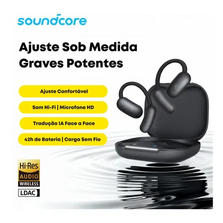 Fone De Ouvido Open-ear Aberto Soundcore Aerofit 2 Bluetooth 5.4 Design Ajustável App Com Tradução Para 100 Idiomas Hi-res Ldac 42h Bateria Ip55 4 Mics Ia Chamadas Claras Carregamento Sem Fio Preto