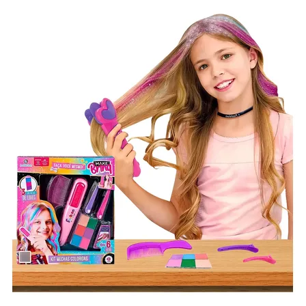 Kit Brinquedo Infantil Prancha Cabelo Colorido 6 Cores Pente Presilhas