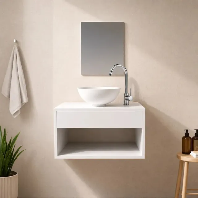 Gabinete Armário Banheiro 50cm Branco Cuba Redonda Suspenso Lavabo Lavatório Pia Um Furo