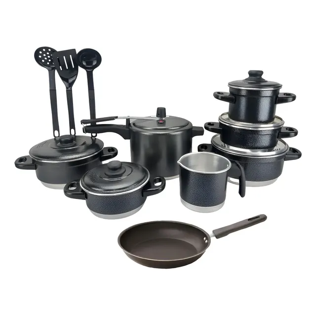 Jogo de Panelas Extra Forte Luxo 12 Peças com Panela de Pressão e Frigideira Antiaderente Preto Craqueado