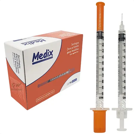 Seringa Medix 1mL para Insulina e Botox, com Agulha Fixa Fina de 8x0,30mm - Pack com 100