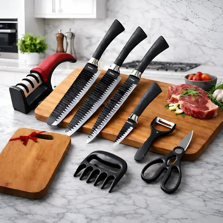 Jogo De Facas Inóx Conjunto 8 Peças Kit Cozinha Churrasco Premium + Tábua Aquattro Preto