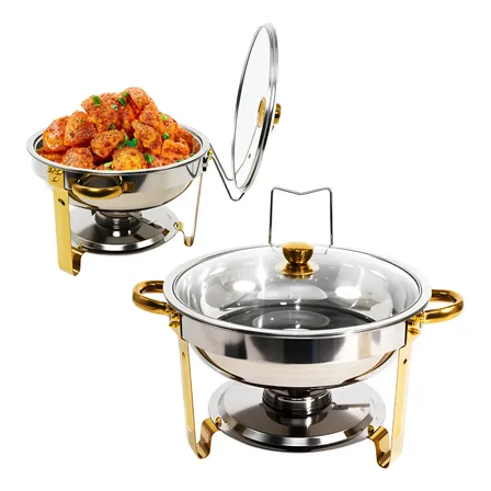 Rechaud 5Litros Redondo Inox Banho Maria Buffet Festa Coz Com Tampa Acessório Para Fogão A Álcool Cor Prata Dourado Yesop