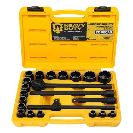 Jogo Kit De Ferramentas Manuais Chave Catraca 22 Peças 1/2 8 A 32mm Fosfatizado Bcs022b Heavy Duty The Black Tools Amarelo