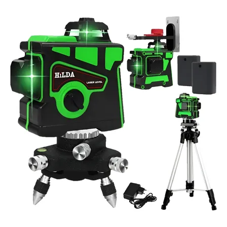 Nível Laser Hilda 12 Linhas verde 2 baterias 3d 360 Auto Nivelamento tripé regulável de alumínio 1,2 metros Horizontal Vertical Esquadro Laser Rotativo Com Suporte Magnético Mini Tripé Rotativo E Case