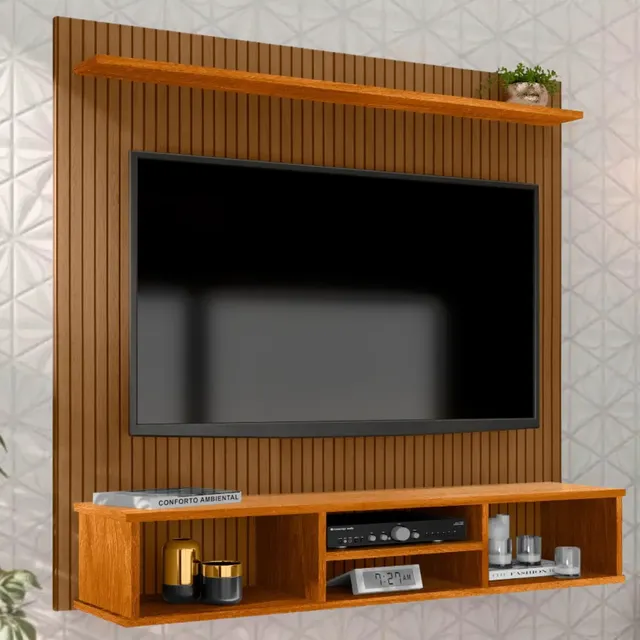 Painel Suspenso Everest Tv Até 50 Cor Naturale Mdp Design Ripado 3 Nichos