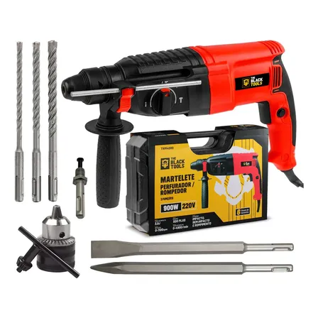 Martelete Perfurador Rompedor Professional 26mm 900w Sds Plus 3j Com Maleta E Acessorios Trm-4000 The Black Tools