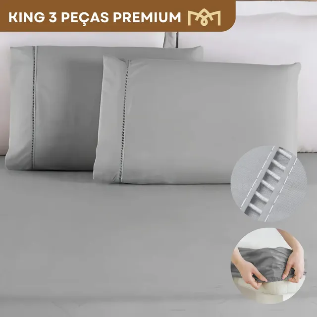Jogo De Lençol King Padrão C/ Elástico E Fronhas Ponto Palito 400 Fios Macio 3 Peças Premium Cinza