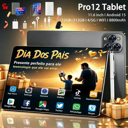 Tablet Android 12GB RAM 512GB Memória Tela Grande 11.6 Bateria 8800mAh Wi-fi 5G Jogos Pesados Completo Com Teclado Mouse Cinza
