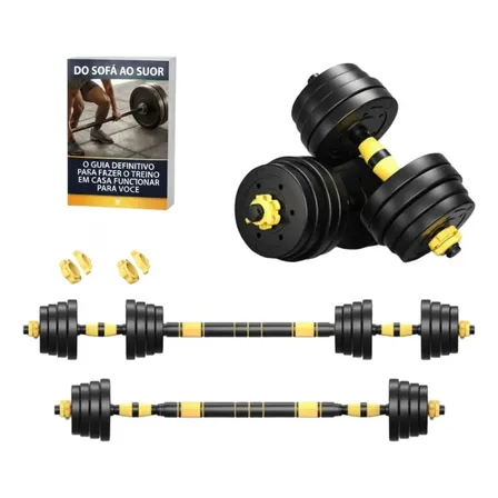 Kit Halteres 3 Em 1 Peso Musculação Até 40kg Ajustável Preto Kit Barras e Anilhas + E-book