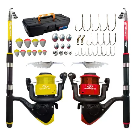 Kit De Pesca Duplo Vara + Molinete E Acessorios Jau Pesca Vermelho/amarelo
