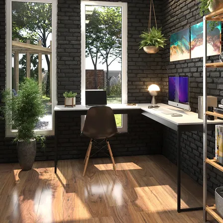 Mesa Em L De Canto Meslmagn Design Nórdico Com Estrutura Em Ferro E Tampo De Madeira Moderno Cor Branco Com Preto Sofa Sogude