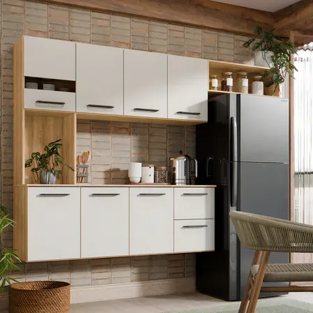 Armário De Cozinha Completa Aéreo 7 Portas E 2 Gavetas Planejada Suspenso Branco Off White Carvalho Nature Amadeirado Mel Off