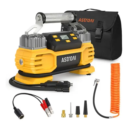 Mini Compressor Astroai De 160psi (cc) Para Pneus De Alta Resistência,com Desligamento Automático E Tela,duas Cilindros... 12v Amarelo Monofásica