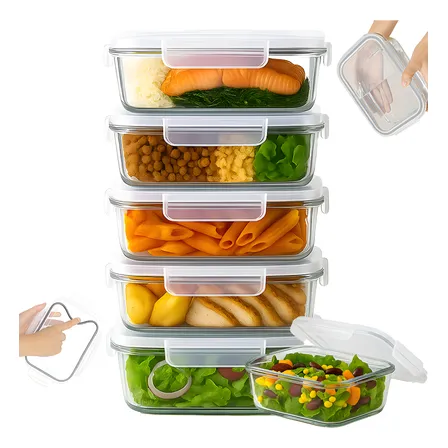 Yab - Kit 5 Potes De Vidro Marmita C/ Tampa Hermético 640ml Retangular 4 Travas Borossilicato Alimentos Micro-ondas Freezer Geladeira Transparente