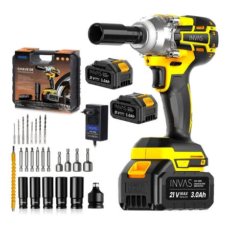 Chave De Impacto Parafusadeira Furadeira Sem Fio 21v Alto Torque Bateria Jogo Brocas Mecânica Pneu Preto 127/220v 50hz/60hz