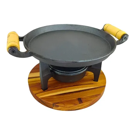 Chapa E Fogareiro De Ferro Fundido Com Suporte De Madeira Conjunto Bifeteira Frigideira Rechaud de Porção