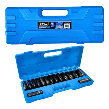Soquetes De Impacto 1/2 Pol 10 A 27 Mm Cromo Vanadium 80mm Kit 15 Peças Evald Azul