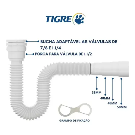 Sifão Flexivel Sanfonado Universal Cozinha Banheiro Tanques Lavatórios 66cm Branco Tigre