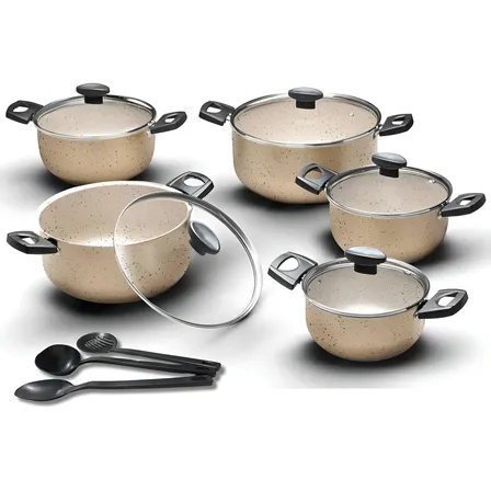 Jogo Conjunto De Panelas 5 Peças Caçarolas Teflon Antiaderente Kit Tampa De Vidro Cor Marfim