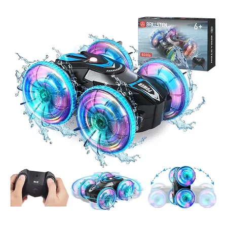Carrinho De Controle Remoto Anfíbio 2,4 Ghz 4wd Giros De 360° Recarregável Luzes Led Alta Velocidade 20km/h Com Bateria Preto Vermelho Carro Controle Remoto Anfíbio