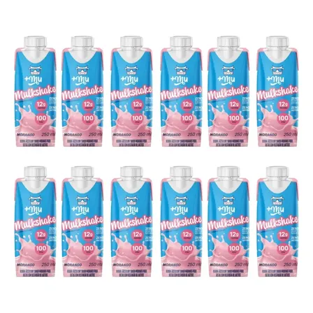 Mulkshake Mais Mu Morango Bebida Proteica 12g Pack 12x250ml Sem Glúten