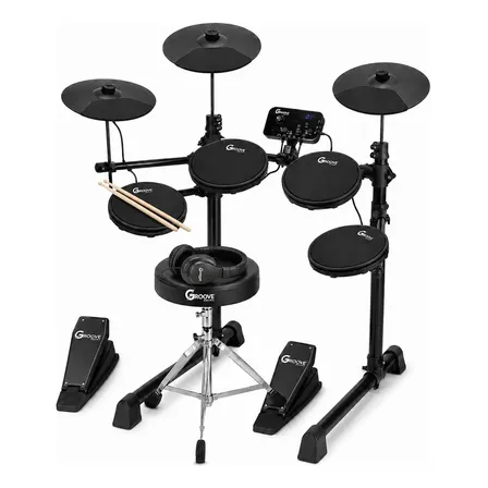 Bateria Eletrônica Completa Groove Drums Edg100 Midi Usb 7 Peças 4 Pads 3 Pratos Profissional e Banco e Fone de Ouvido Cor Preto