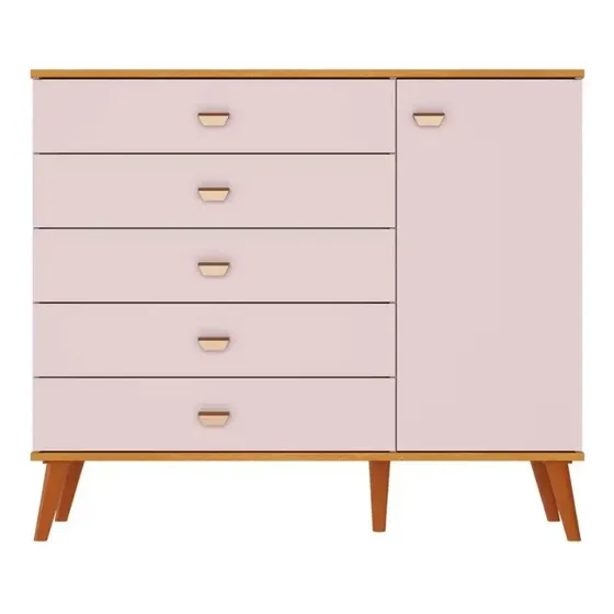 Cômoda Infantil Bartira Ternura Com 5 Gavetas E 1 Porta Cor Rosa Wood