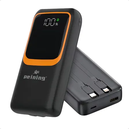 Power Bank Peining 20.000 Mah Com Cabos Embutidos Para Celular Preto