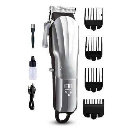 Máquina de Cortar Cabelo Profissional Barbearia Barba Recarregável Premium Sem Fio Com Visor Led Lâmina Titânio Cor Prateado