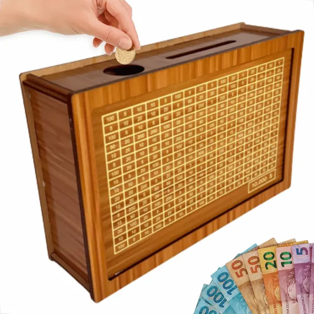 Cofre Desafio Woodbox Cofrinho 10mil 10k Metodo Japones Material Madeira Adesivado - Up Revita