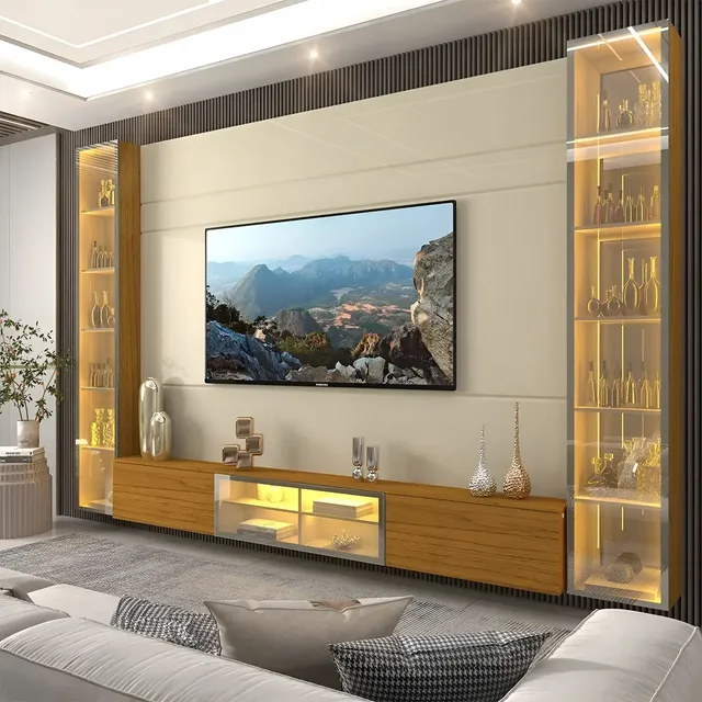Rack Com Painel Para Tv Até 84 Gelius Móveis Luminare Off White/naturale Mdf
