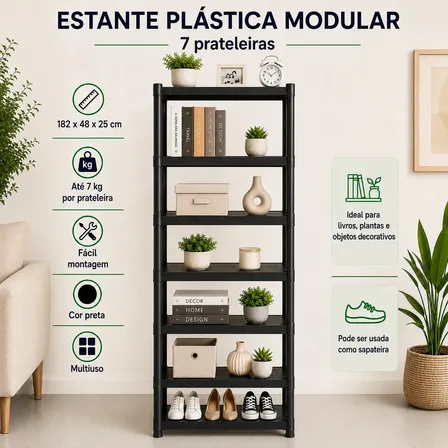 Estante Plástica Modular Multiuso Preta 7 Prateleiras Organizadora Para Livros Plantas Objetos Decorativos