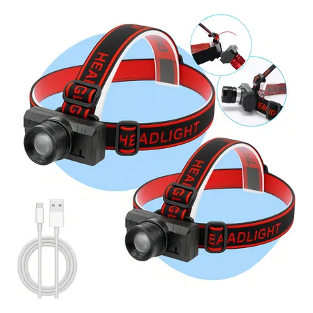 Kit 2 Lanterna De Cabeça Profissional Recarregável Usb Farol Led Ajustável Com Zoom Aventura Forte Tática Potente Cor da Luz Branco