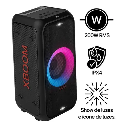 Caixa De Som Bluetooth LG Xboom 200w Rms, 12 Horas De Bateria, Ipx4, Iluminação De Festa E Visor De Pixel Led - Xl5t Preto 127/220v