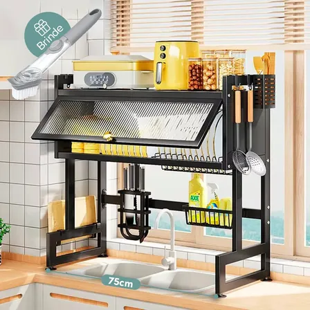 Escorredor De Louça Suspenso Grande Para Copos Talheres E Pratos Organizador De Pia Cozinha 75cm Armário Cor Preto + Escova Brinde Brielli Home