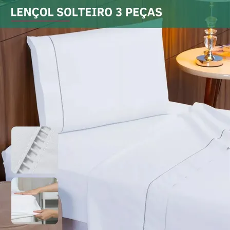 Lençol Solteiro Padrão 3 Peças 400 Fios Percal Com Fronha C/ Ponto Palito Toque Acetinado E Confortável Cor Branco Premium Liso