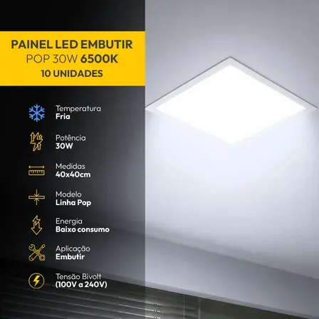 Kit 10 Painel Led Plafon 6500k Emb 30W 40x40 Quadrado Alut