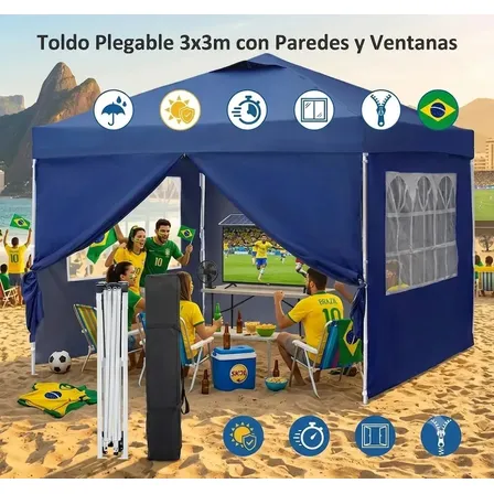 Tenda Gazebo Dobrável Joyfox 3x3m Articulada Impermeável Azul Marinho Com 4 Paredes E Janelas Proteção UV Praia Camping Eventos Churrasco Sanfonada Reforçada Prática Ombrelone Portátil Bolsa Transport