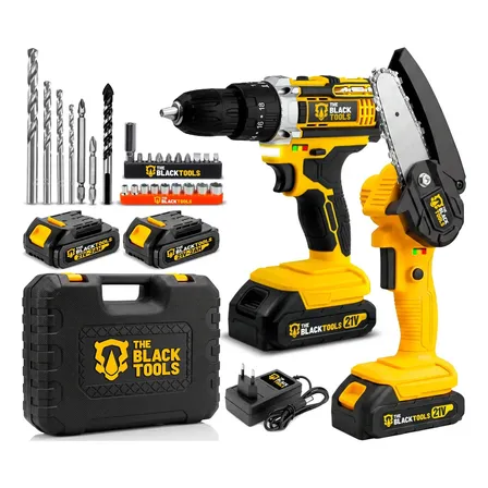 Kit Mini Motosserra Elétrica Portátil e Parafusadeira de Impacto Com Maleta Baterias 21V E Acessórios The Black Tools