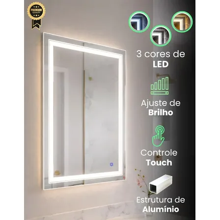 Espelho Led Touch 90 X 70cm 3 Cores P/ Banheiro Penteadeira Maquiagem 3 Cores Led Na Frente