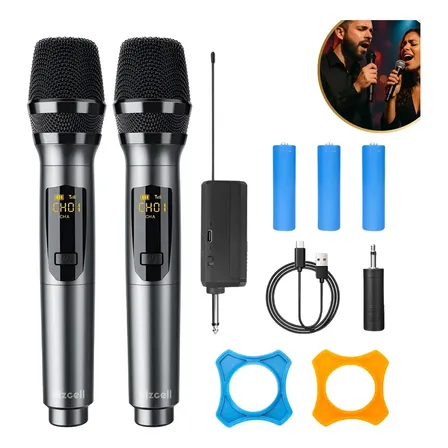 Microfone Sem Fio Duplo UHF Profissional Preto Recarregável Led Karaokê Palestras Shows Igrejas Apresentações Mzcell
